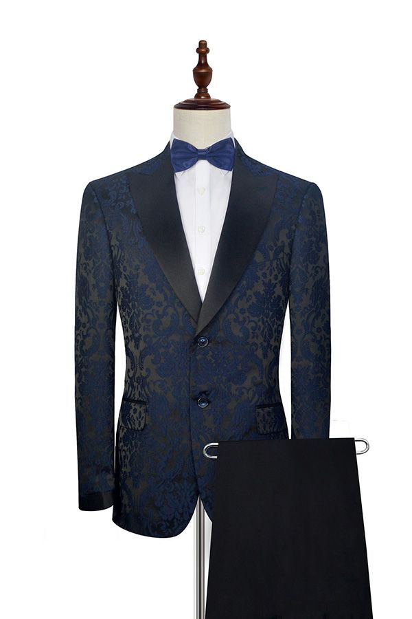 Black Silk Peak Lapel Men's Suits Dark Navy Jacquard Prom Suits for Weddings