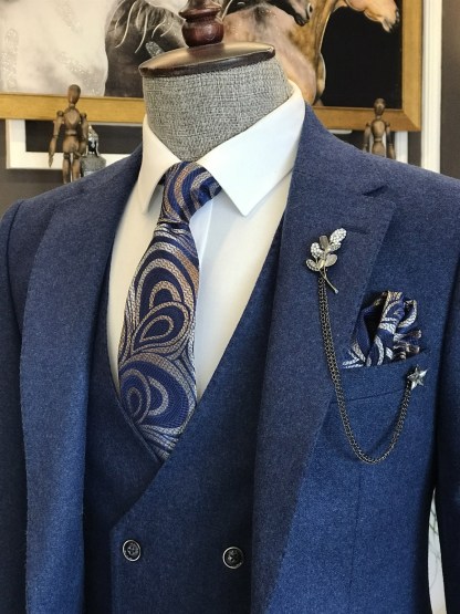 Cary Modern Blue Notch Lapel Three-Piece Men's Suits for Business