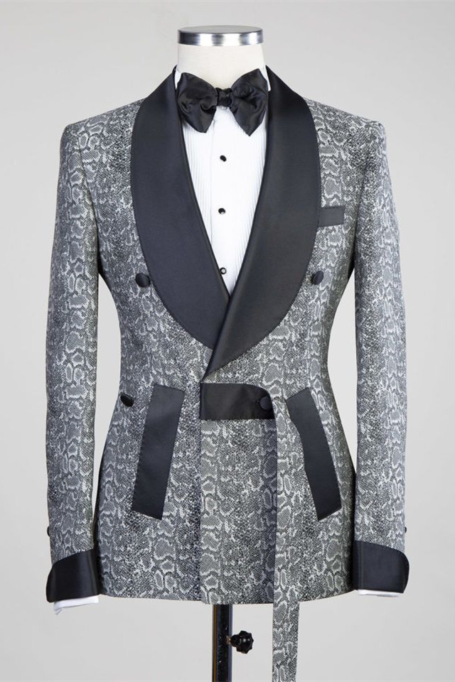 Khalil Gray Black Lapel Jacquard Wedding Men's Suits with Double-Breasted