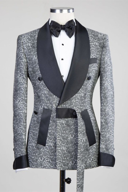 Khalil Gray Black Lapel Jacquard Wedding Men's Suits with Double-Breasted