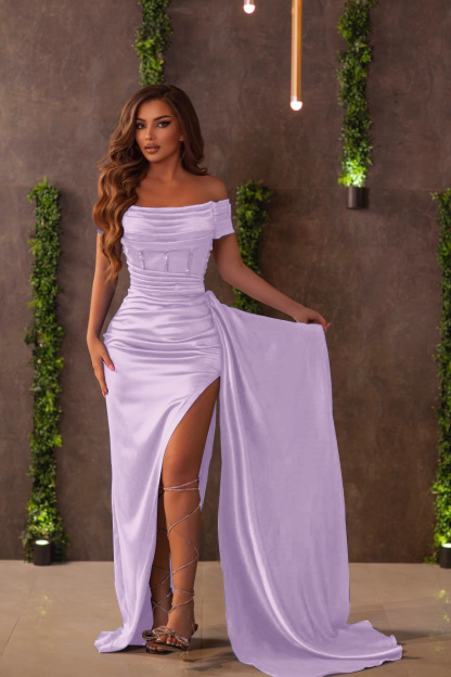 Royal Blue Off-the-Shoulder Split Evening Dress With Ruffles