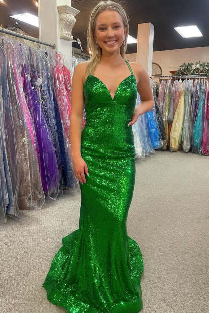 Long Backless Prom Dress in Green Sequins with Mermaid Halter