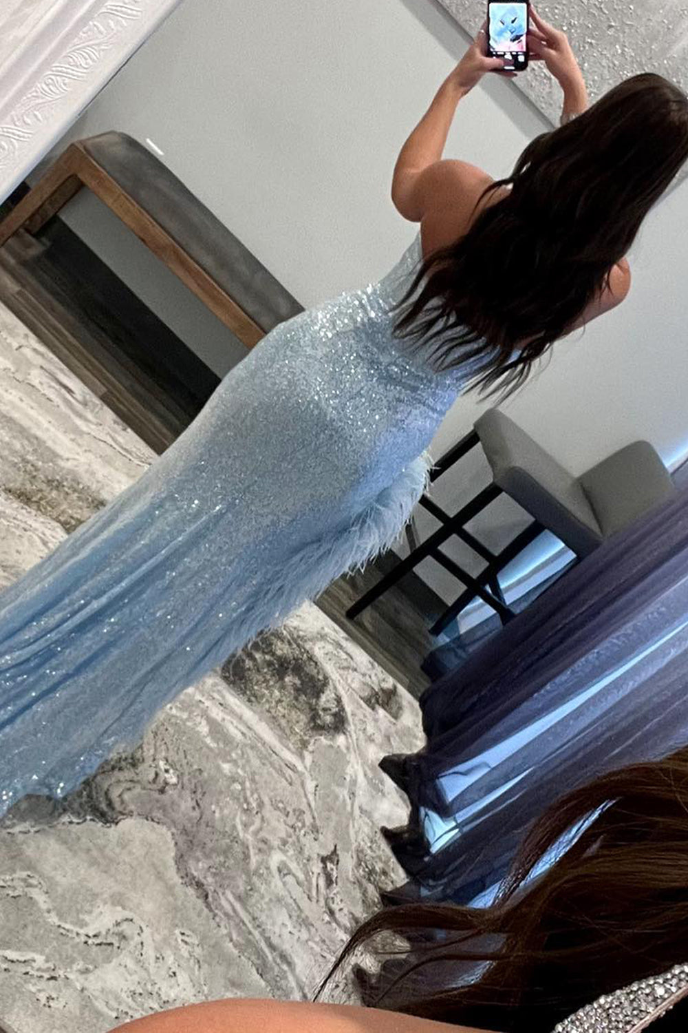 Long Light Blue Sequined Prom Dress with Feather for Sweethearts