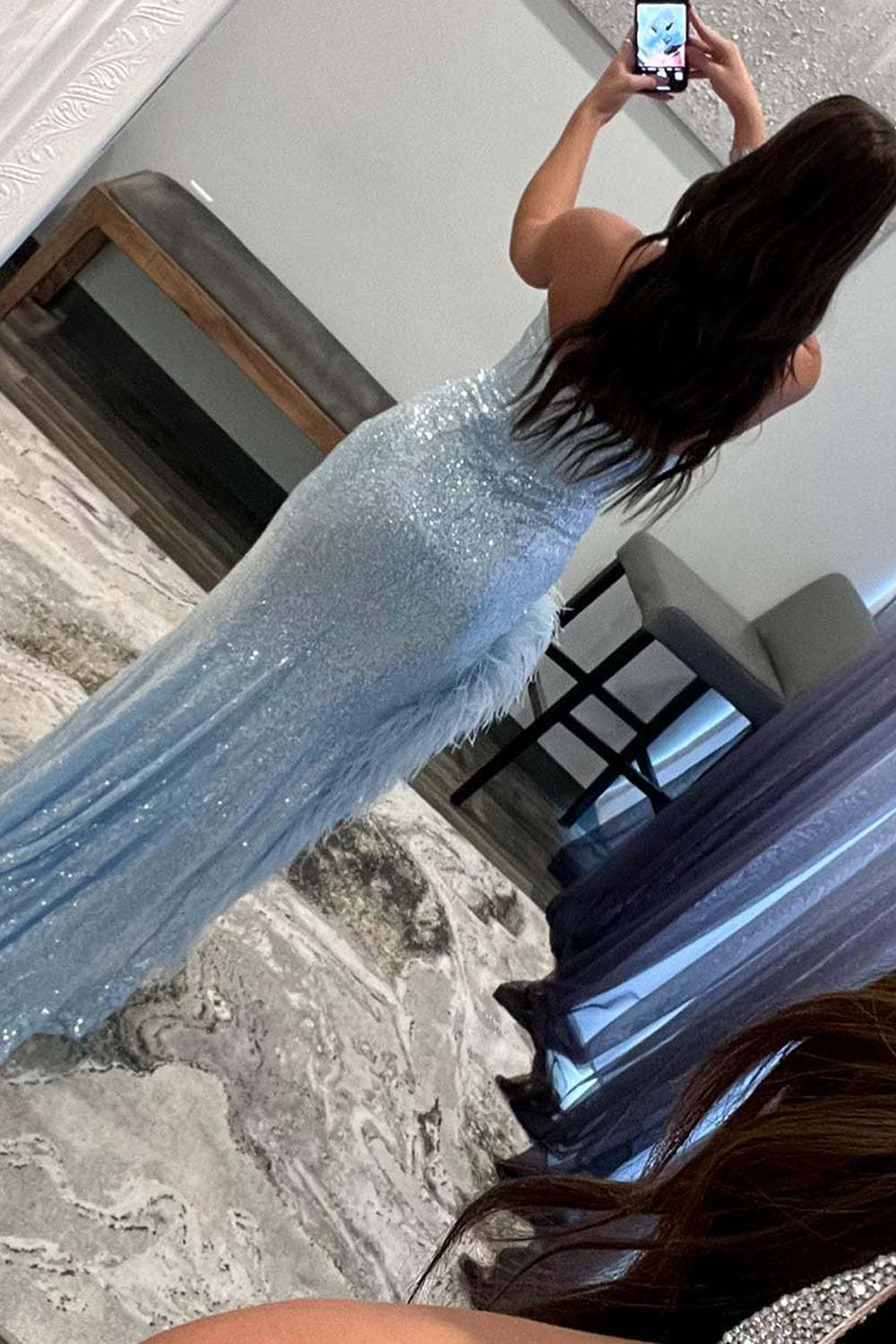 Long Light Blue Sequined Prom Dress with Feather for Sweethearts