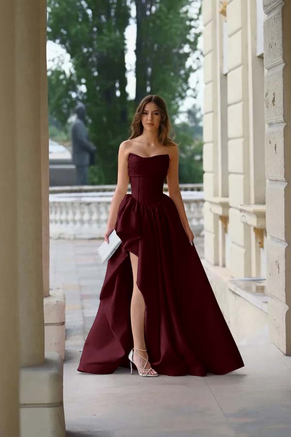 Strapless Sleeveless Side Split Long Formal Dress With Pleated