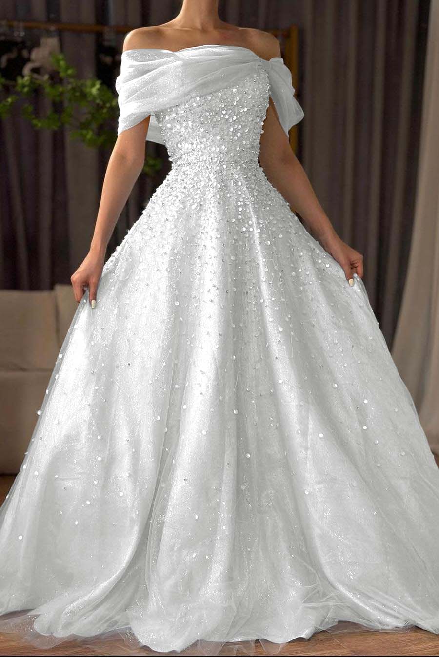Off the Shoulder Sleeveless Long Formal Dress With Beading Tulle