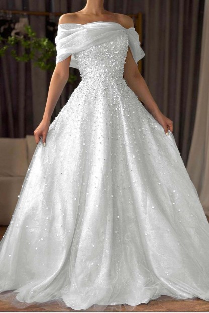 Off the Shoulder Sleeveless Long Formal Dress With Beading Tulle