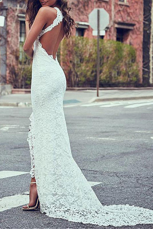 Lace High Neck Summer Beach Wedding Dress