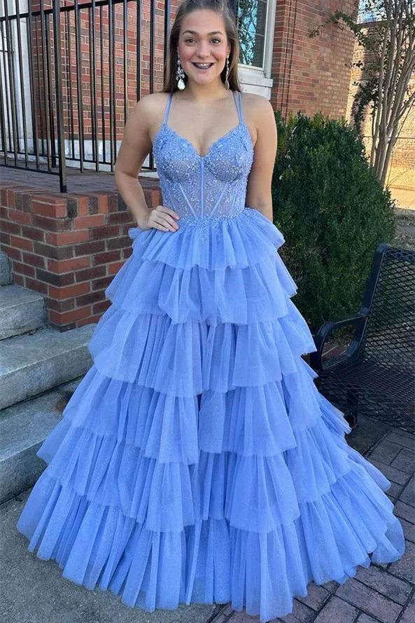 Elegant Blue A-Line Prom Dress with Spaghetti Straps Appliques and Ruffles