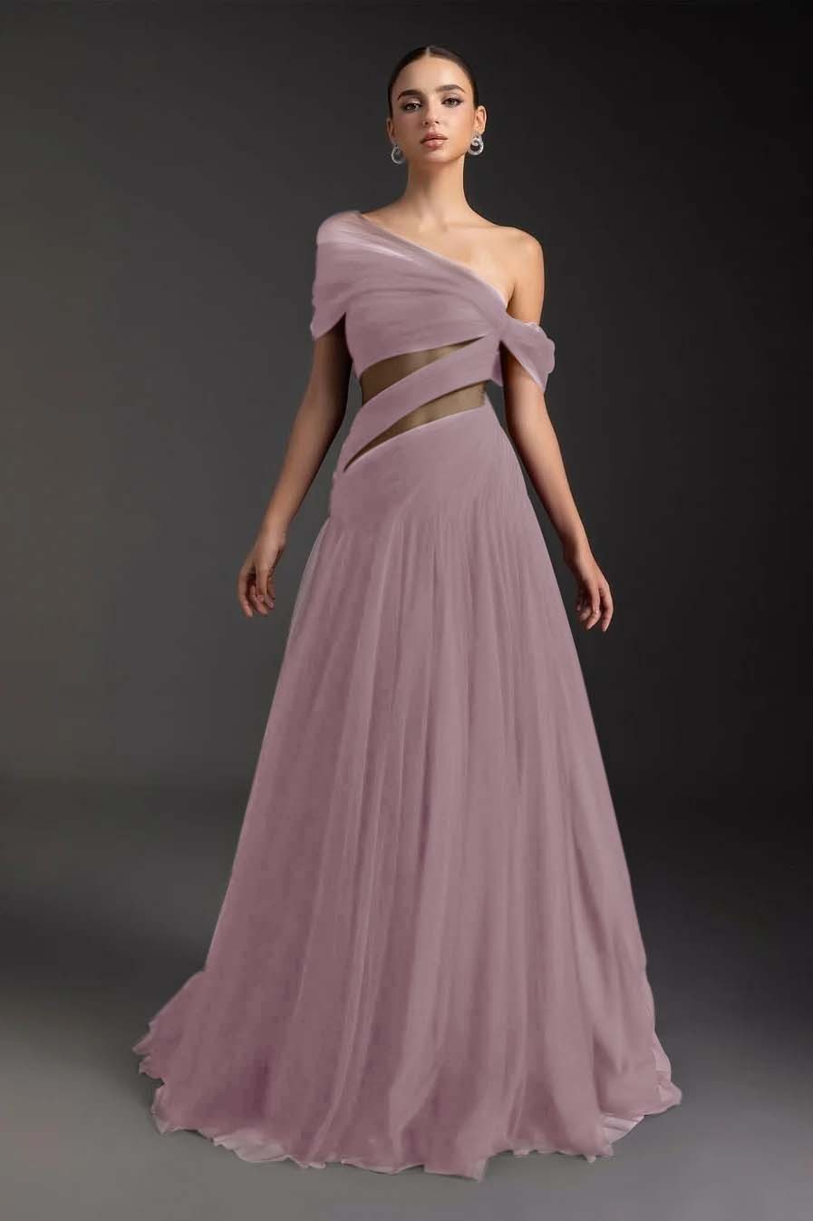 Glamorous Tulle One Shoulder Sleeveless Long Formal Dress With Pleated
