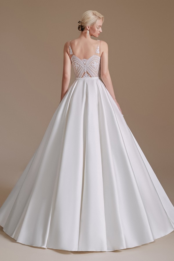 Charming A-Line V-Neck Satin Long Wedding Dress with Appliques Lace