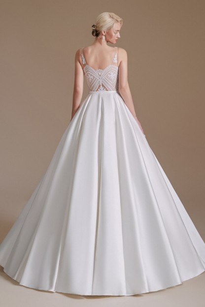 Charming A-Line V-Neck Satin Long Wedding Dress with Appliques Lace
