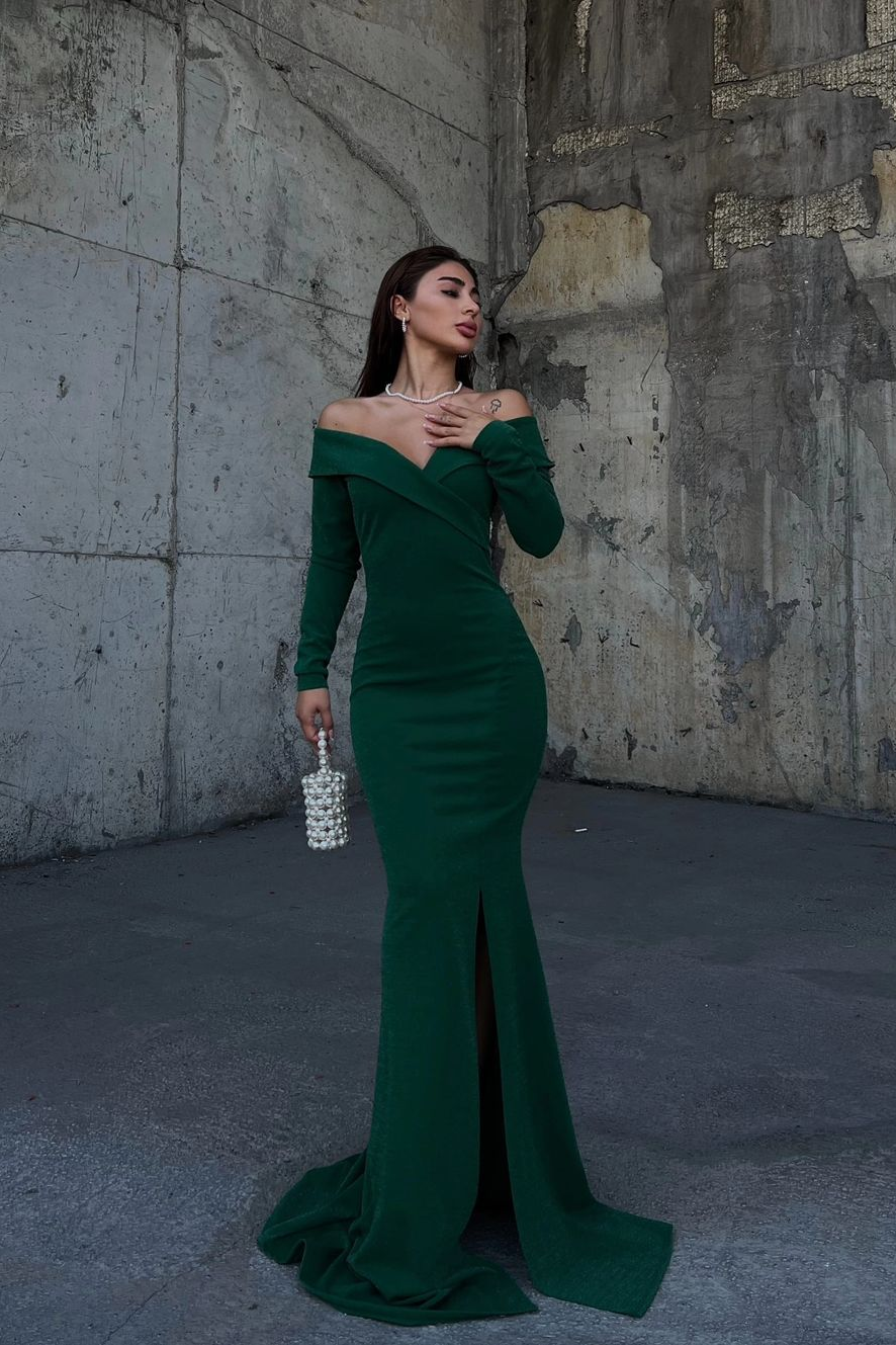 Stunning Dark Green Strapless Long Sleeves Deep V-Neck Mermaid Prom Dress With Split