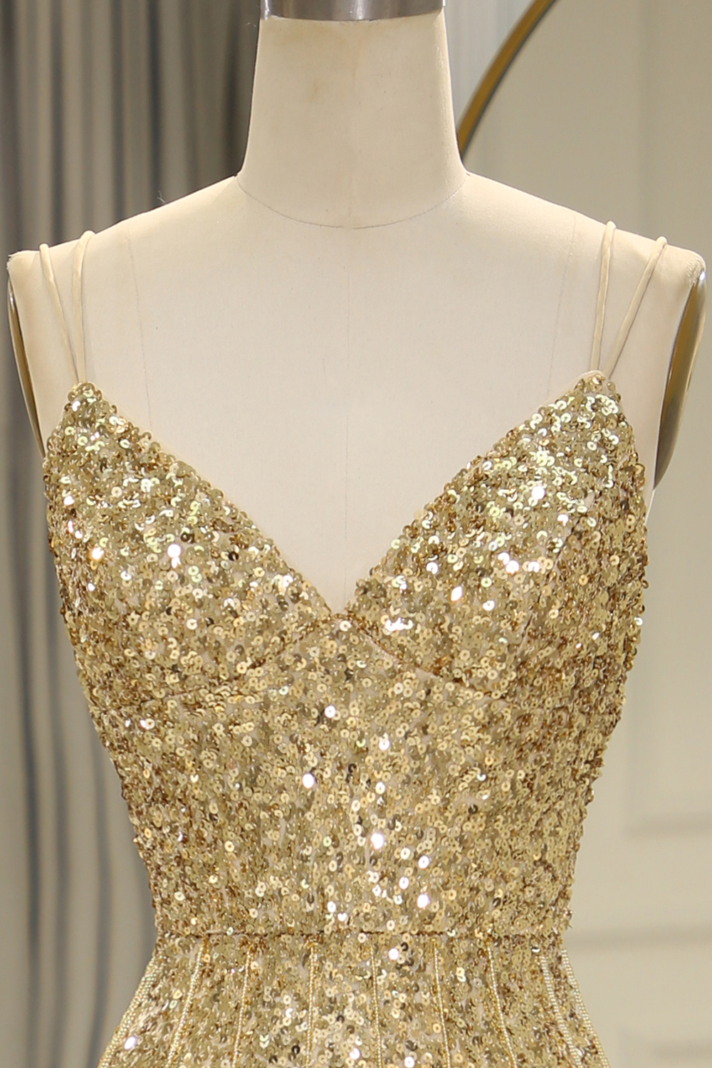 Golden Sequins Long Prom Dress with Bling Mermaid Spaghetti Straps and Split Front