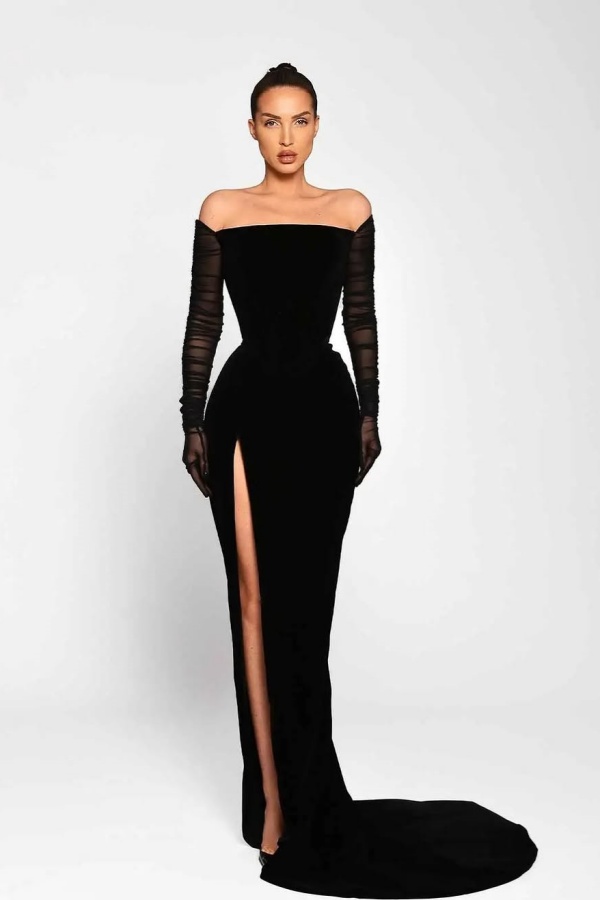 Black Long Sleeves Split Strapless Evening Dress