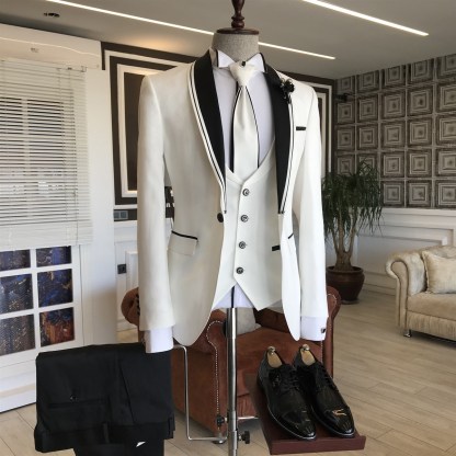 London White Slim-Fit Bespoke Black Shawl-Lapel Wedding Mens Suits