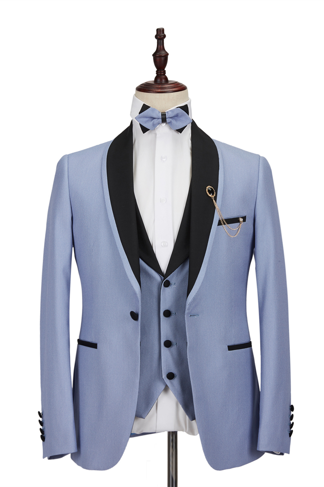 Modern Light Blue Stitching Black Shawl-Lapel One-Button Men's Formal Suit for Weddings