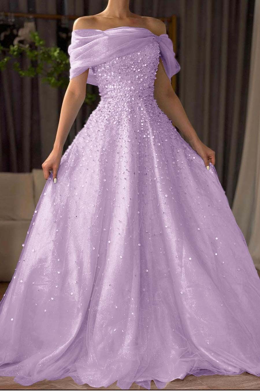Off the Shoulder Sleeveless Long Formal Dress With Beading Tulle