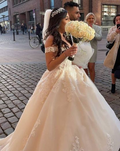 Vintage A-Line Off-the-Shoulder Tulle Princess Long Wedding Dress with Lace