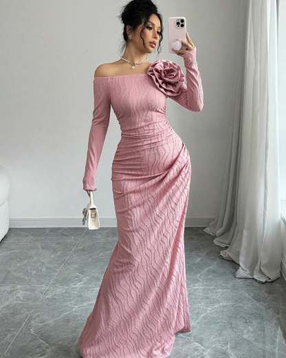 Off-The-Shoulder Long Sleeves Long Mermaid Formal Dress With Flower