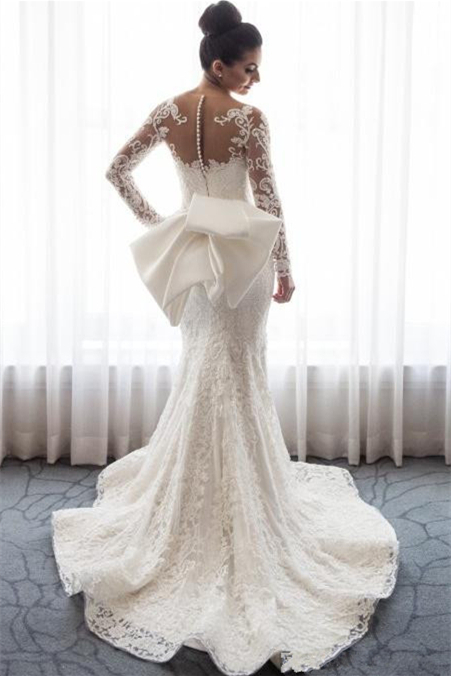 Amazing Mermaid Long Sleeves Lace Wedding Dress Bowknot with Detachable Skirt