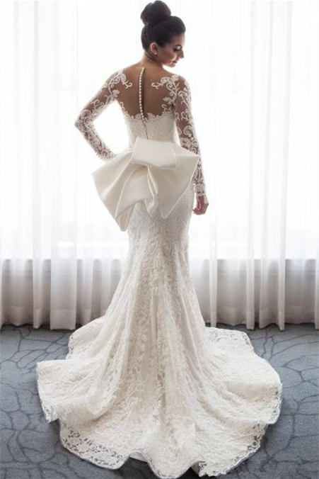 Amazing Mermaid Long Sleeves Lace Wedding Dress Bowknot with Detachable Skirt