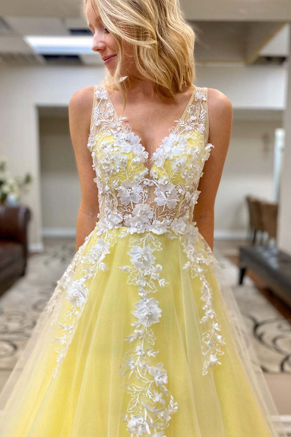 A-Line Prom Dress with Appliques in a V-Neck Style