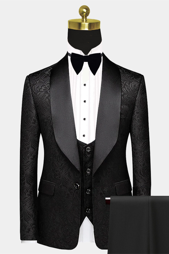 Popular Black One-Button Satin Shawl Lapel Prom Suits Jacquard Wedding Tuxedos