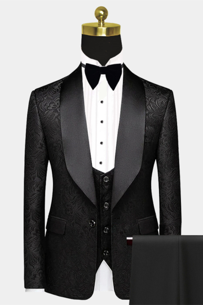 Popular Black One-Button Satin Shawl Lapel Prom Suits Jacquard Wedding Tuxedos