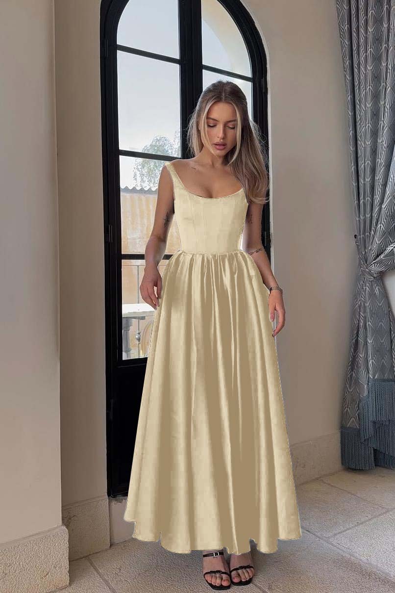 Spaghetti Strap Sleeveless A Line Long Formal Dress With Pleated