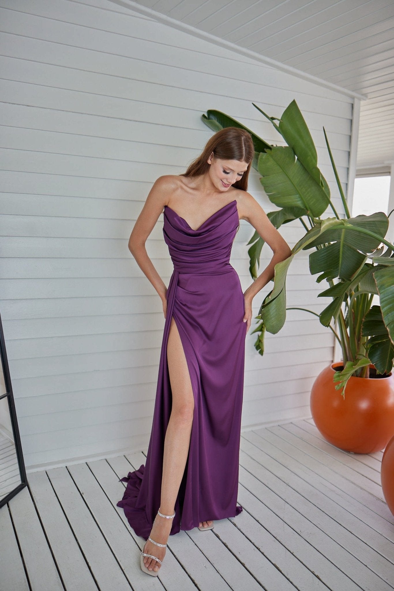 Fashionable Satin Maxi Strapless Wedding Guest or Prom Dress