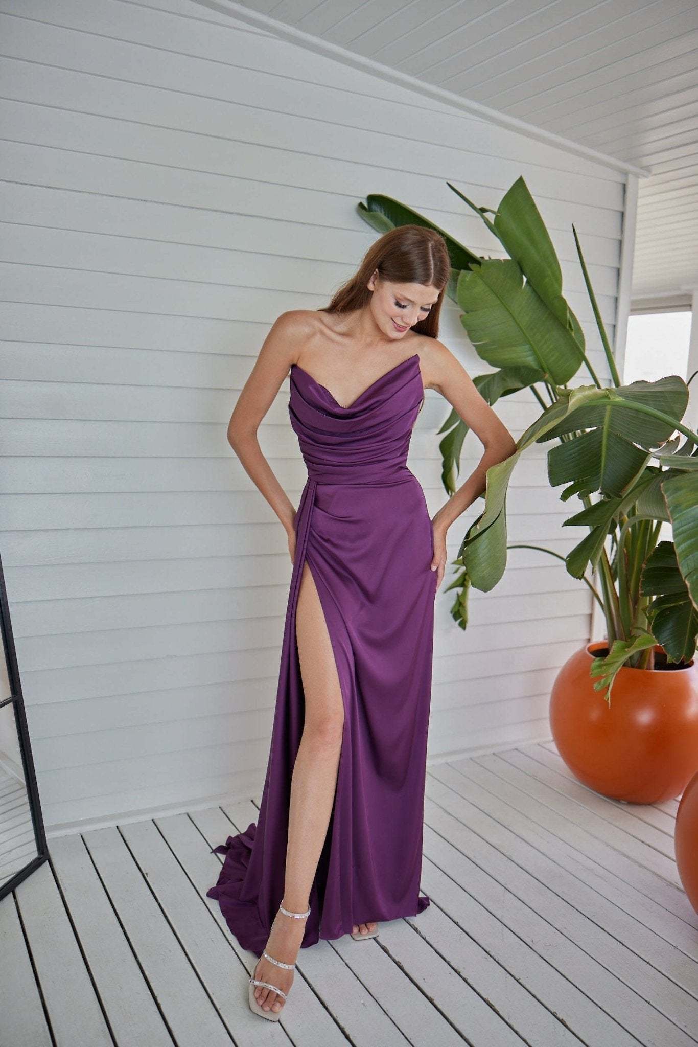 Fashionable Satin Maxi Strapless Wedding Guest or Prom Dress