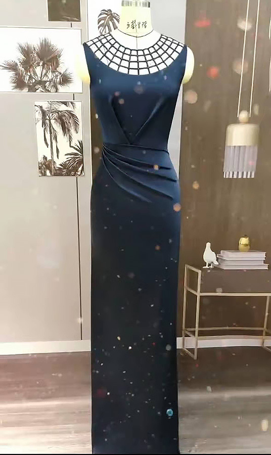 Sleeveless Dark Navy Sheath Bridesmaid Dress