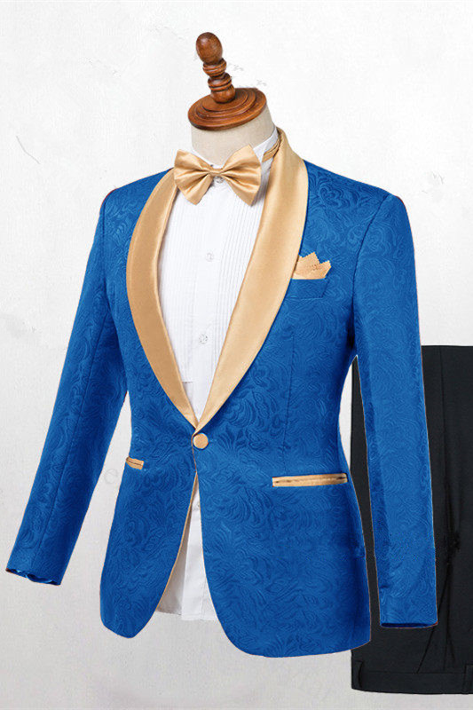 Popular Blue Shawl Lapel Men's with Jacquard Wedding Suit