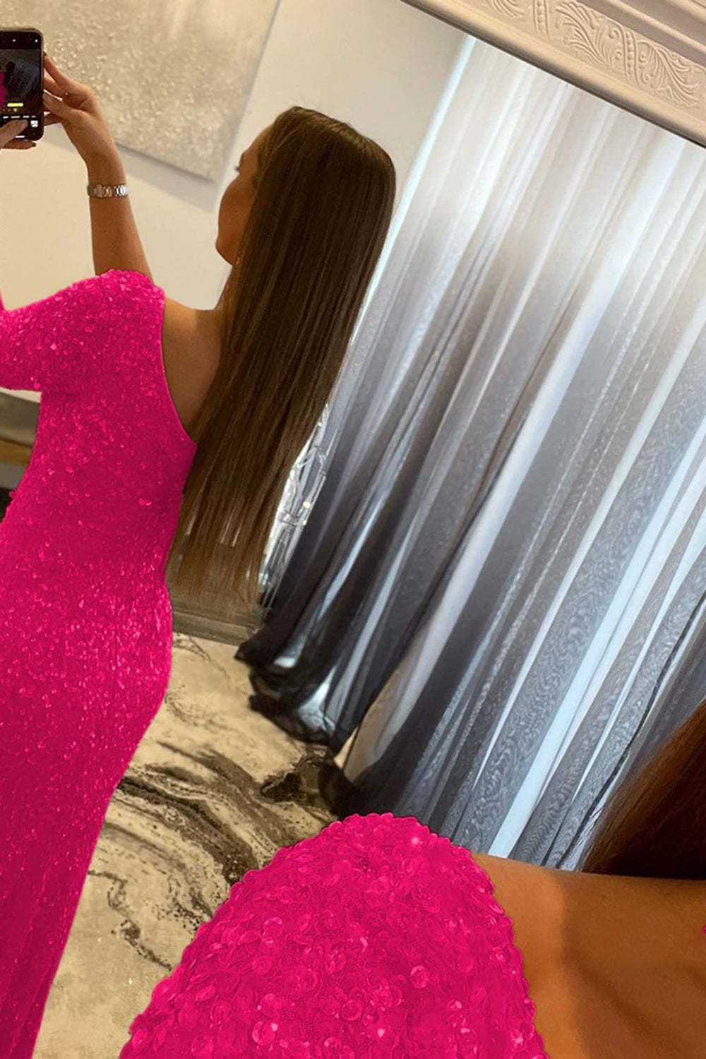 Sequined Prom Dress with a Single Shoulder in Pink