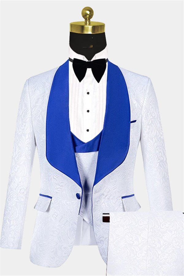 Cool White Jacquard Shawl Lapel Wedding Tuxedo with Blue Three-Piece