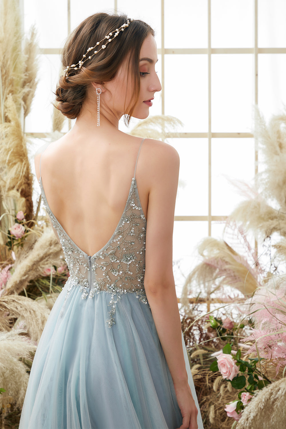 Prom Dress in Light Blue with Beaded Tulle