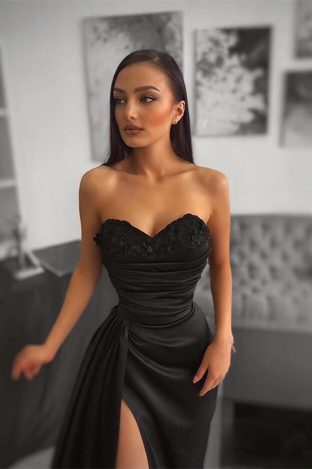 Noble Black Sweetheart Slit Mermaid Evening Dress With Handmade Flower