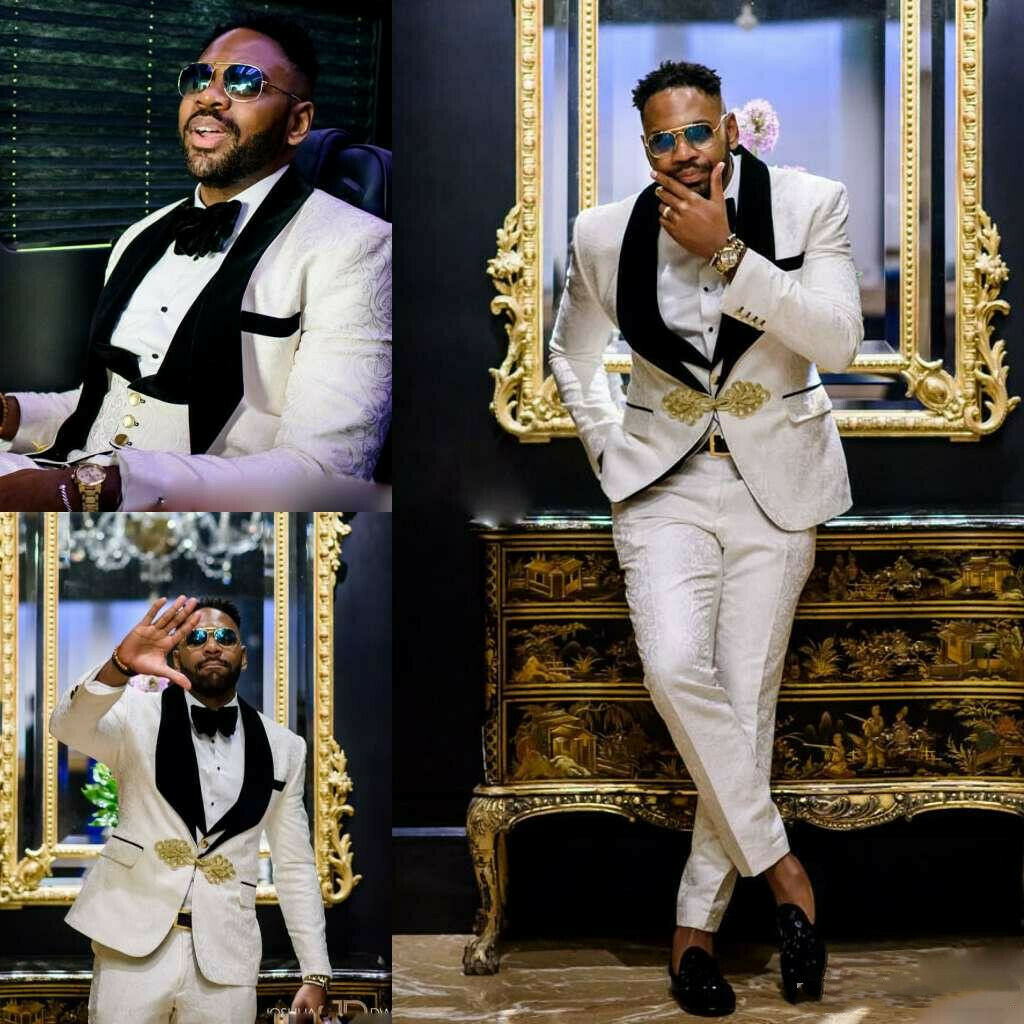 Elegant Black Three-Piece Lapel Wedding Groom Men's Suit with White Jacquard