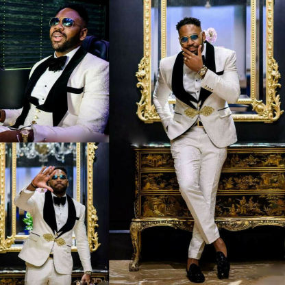 Elegant Black Three-Piece Lapel Wedding Groom Men's Suit with White Jacquard