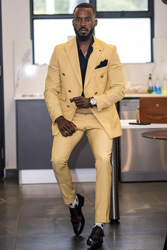 Glamorous Yandel Yellow Double-Breasted Groom Suits with Peaked Lapel