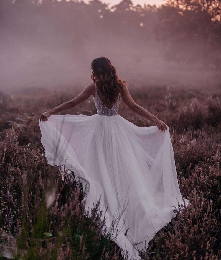 Stunning V-Neck Chiffon Tulle Open Back A-Line Long Boho Wedding Dress with Glitter