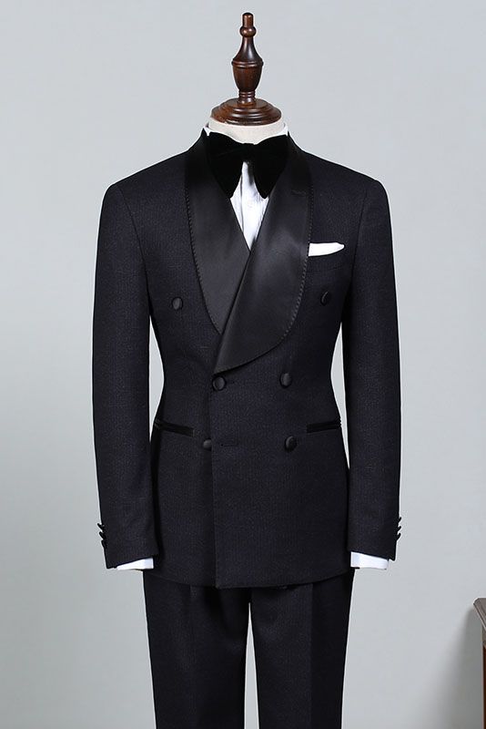 Solomon Classic All Black Double-Breasted Bespoke Wedding Suit for Grooms