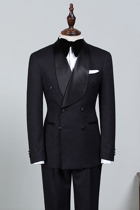 Solomon Classic All Black Double-Breasted Bespoke Wedding Suit for Grooms