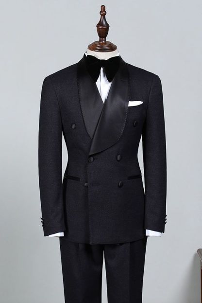Solomon Classic All Black Double-Breasted Bespoke Wedding Suit for Grooms