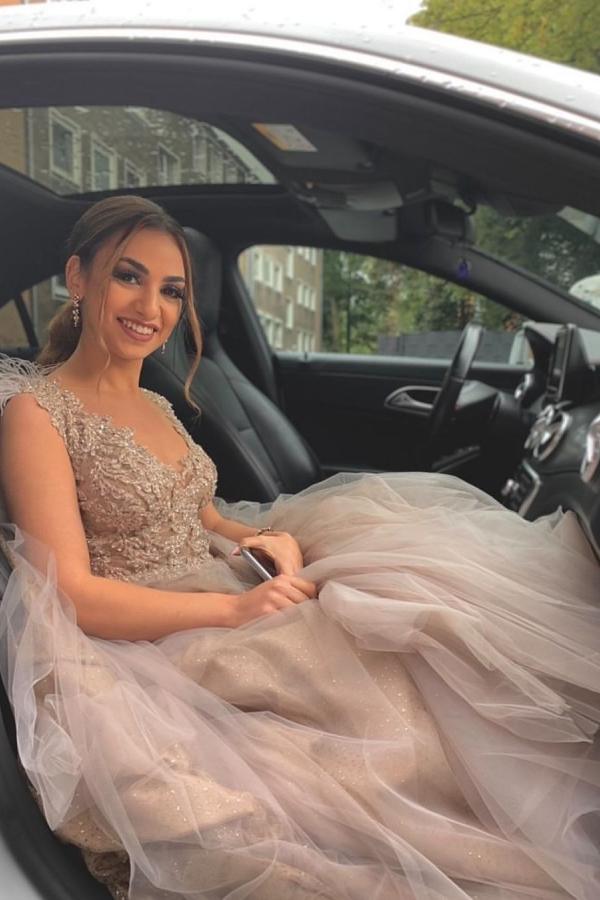 Luxury Sleeveless A-Line V-Neck Wedding Dress Lace Tulle with Feathers