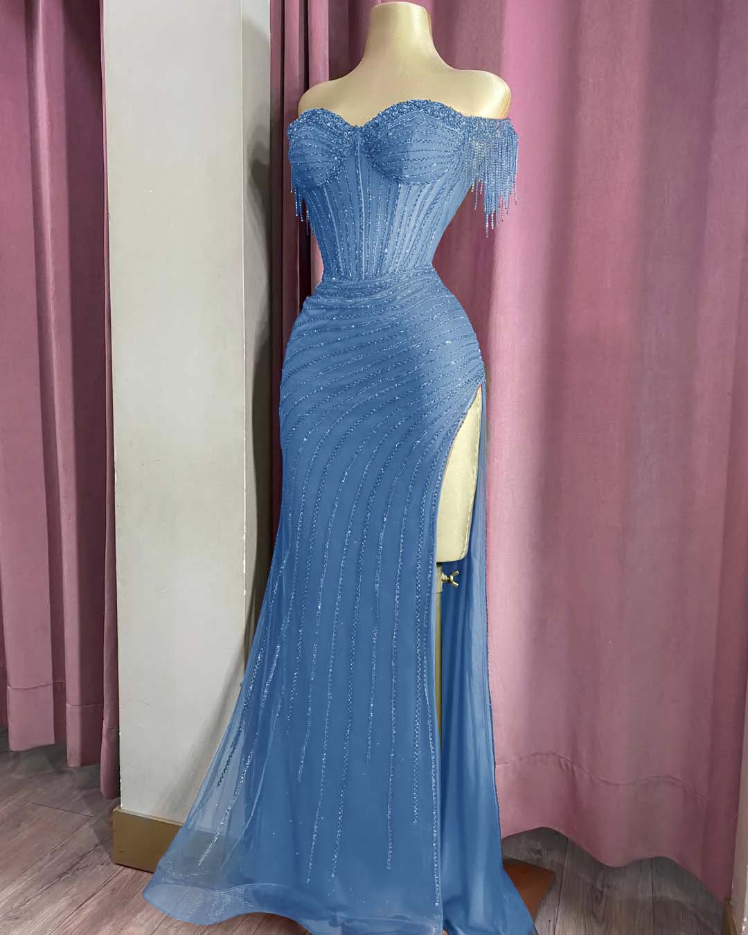 Off the Shoulder Sleeveless Long Split Formal Dress With Beading