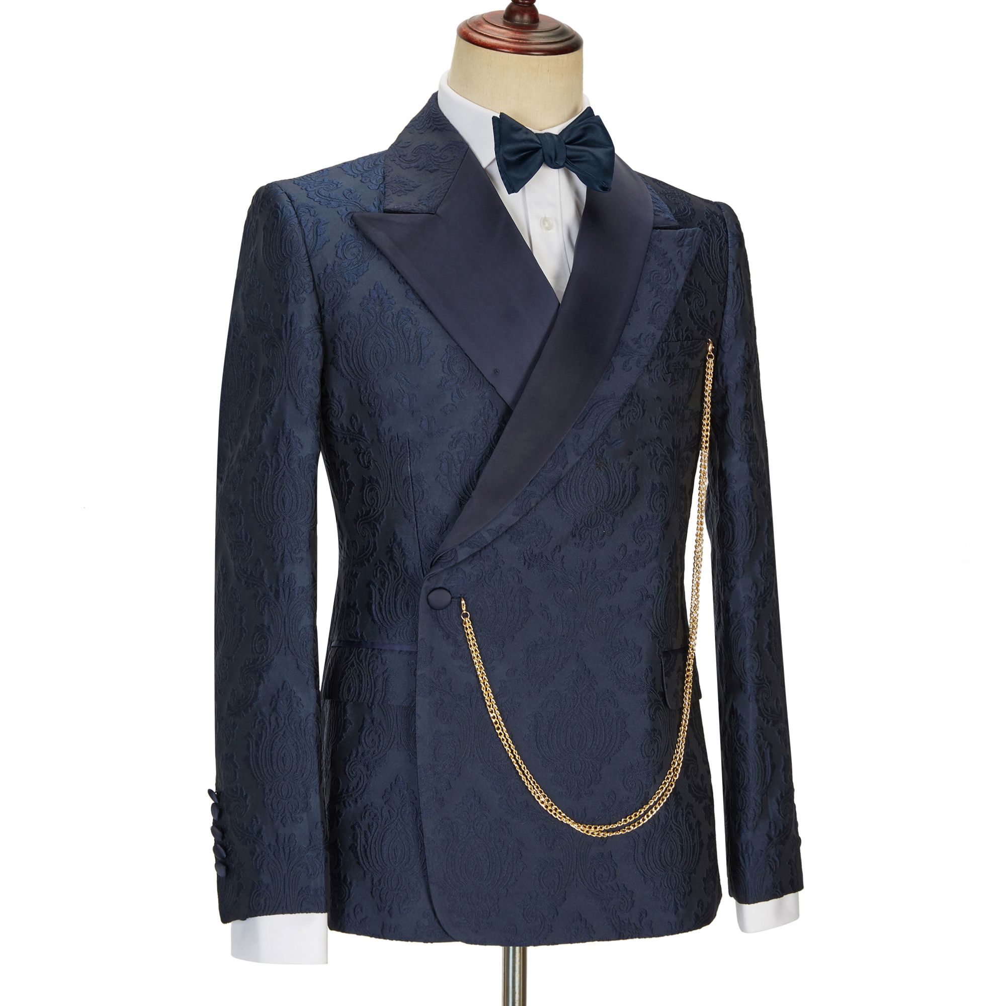 Brandon New Arrival Navy Blue Slim Fit Jacquard Peaked Lapel Wedding Men's Suits