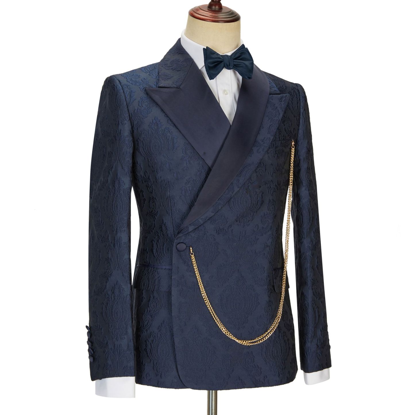 Brandon New Arrival Navy Blue Slim Fit Jacquard Peaked Lapel Wedding Men's Suits