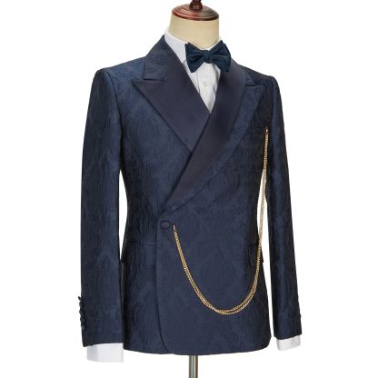 Brandon New Arrival Navy Blue Slim Fit Jacquard Peaked Lapel Wedding Men's Suits